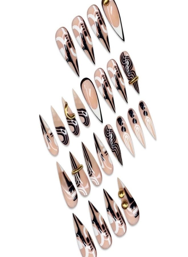 Maigitur Handmade Press on Nails Long Stiletto Fake Nails with 3D Gold Rhinestone Lines Design Black White Striepd Stick on Nails Curve False Nails Glossy Fall Nail for Women Girls Manicure 24Pcs - Image 2
